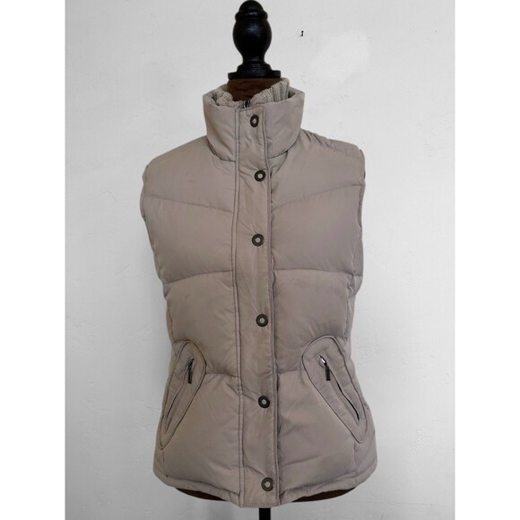 Street One Puffer Quilted Vest Tan Beige Size 6/8 Full Zip Buttons Turtle Neck - Picture 7 of 16